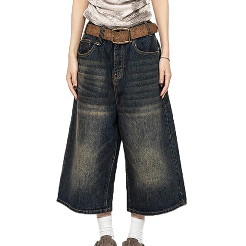 Baggy Jorts Denim Shorts Baggy Casual Wide Leg Jeans Shorts Jorts Y2K Knielang Hip Hop Lockere Passform Cropped Hose Used Look Baumwoll-Denim Verwaschener Effekt Lange Jeans Shorts(Dark Blue,L) von MASUCOR