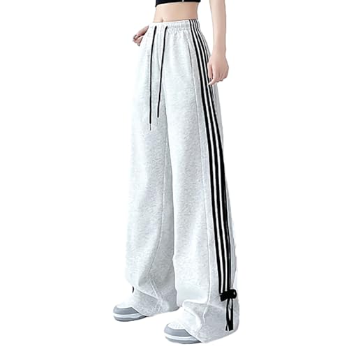 Cargohose Damen Baggy High Waist Kordelzug Hip Hop Oversize Jogginghose Streetwear Trainingshose mit Seitlich Gestreifter Schleife Y2k Fallschirmhose(White,L) von MASUCOR