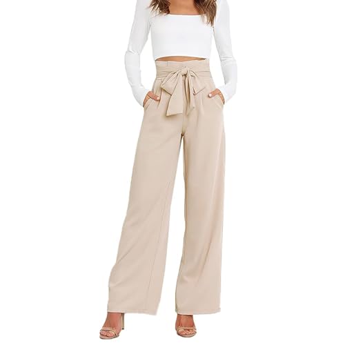 Damen Elegant High Waist Lang Weite Hose Sommer Business Festlich Anzughose mit Gürtel Dehnbund Elegant mit Schleife Leicht und Elegant Sommerhose mit Taschen für Legere Arbeit Geeignet (Color : Beig von MASUCOR