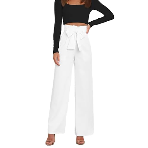 Damen Elegant High Waist Lang Weite Hose Sommer Business Festlich Anzughose mit Gürtel Dehnbund Elegant mit Schleife Leicht und Elegant Sommerhose mit Taschen für Legere Arbeit Geeignet (Color : Whit von MASUCOR