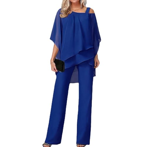 Damen Hosenanzug Elegant 2-Teiliges 3/4 Batwing Ärmel Unregelmäßiger Shirts + Hohe Taille Weites Bein Hose Zweiteiler Sets Hochzeit Festlich Abendanzug Einfarbig Freizeitanzug(Blue,XL) von MASUCOR