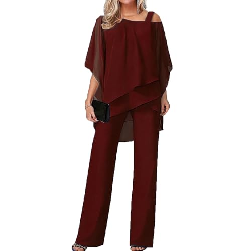Damen Hosenanzug Elegant 2-Teiliges 3/4 Batwing Ärmel Unregelmäßiger Shirts + Hohe Taille Weites Bein Hose Zweiteiler Sets Hochzeit Festlich Abendanzug Einfarbig Freizeitanzug(Red,3XL) von MASUCOR