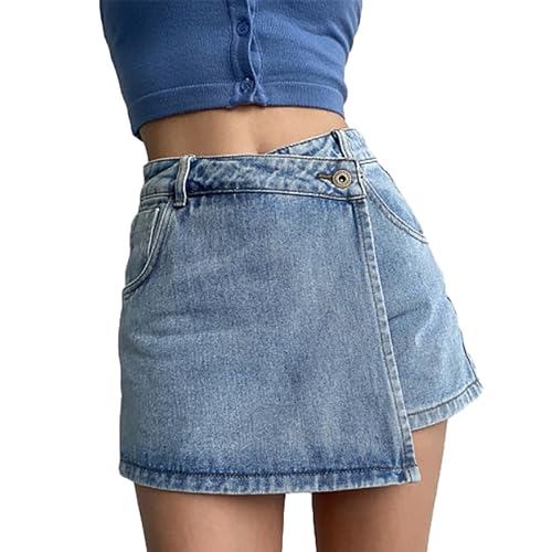 Damen Rock Hoher Minirock High Waist Kurz Freizeitrock Elegant Mini Short Skirt mit Taschen Jeans Shorts 2 in 1 Hosenrock mit Schlitz Wickelrock Asymmetrisch Mode Blau Short(Size:S) von MASUCOR