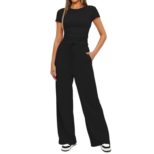 Damen Trainingsanzüge aus Baumwolle 2-teiliges Lounge Outfit Rundhalsausschnitt Gerüschtes Kurzarm Sweatshirt und Hoch Sitzende Weit Geschnittene Lange Jogginghose mit Taschen und mit Kordelzug ( Colo von MASUCOR