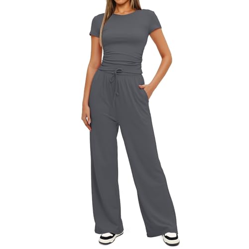 Damen Trainingsanzüge aus Baumwolle 2-teiliges Lounge Outfit Rundhalsausschnitt Gerüschtes Kurzarm Sweatshirt und Hoch Sitzende Weit Geschnittene Lange Jogginghose mit Taschen und mit Kordelzug ( Colo von MASUCOR