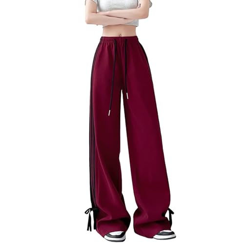 Damen Y2K Jogginghose Baggy Seitlich Gestreift Schleife Elastische Niedrige Taille mit Kordelzug Gerade Hose Weites Bein Cargohose Streetwear Einfarbig Hip Hop Hose(Red,S) von MASUCOR