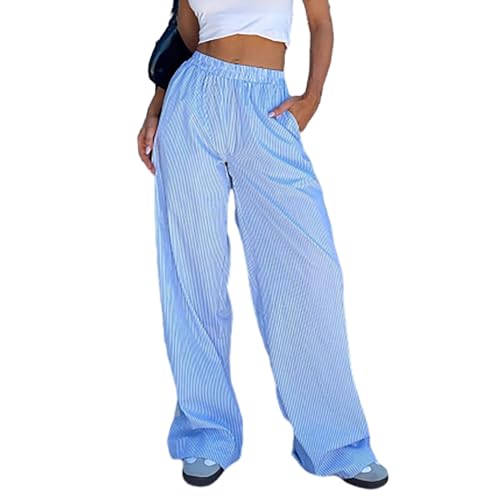Damen Y2k Baggy Pyjamahose Gestreift Teenager Mädchen High Waist Cargo Parachute Pants mit Taschen Weites Bein Track Pants Sport Hose Streetwear Einfarbig Leicht Sommerhose(Color:Blue,Size:XS) von MASUCOR