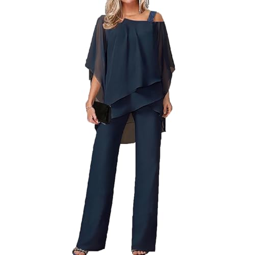 Jumpsuit Damen Hosenanzug Festlich Elegant Overall Hochzeit Abendanzug Sets Zweiteiler Chiffon Shirt und Hohe Taille Vintage 2-Teiliges Set Outfit Cocktail Festlich Outfit(Dark Blue,L) von MASUCOR