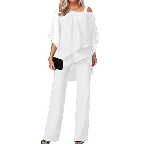 Jumpsuit Damen Hosenanzug Festlich Elegant Overall Hochzeit Abendanzug Sets Zweiteiler Chiffon Shirt und Hohe Taille Vintage 2-Teiliges Set Outfit Cocktail Festlich Outfit(White,M) von MASUCOR