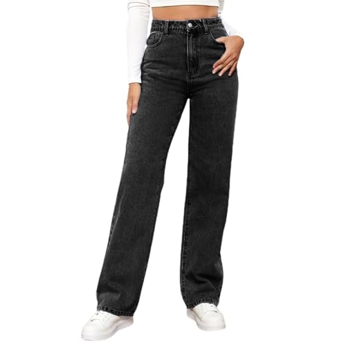 MASUCOR Baggy Jeans Damen High Waist Jeanshosen Weites Bein Jeans Straight Jeans Stretch Jeans Hosen Casual Lose Damenhose Freizeithose Wide Leg Denim Pants Einfarbig(Grey,L) von MASUCOR