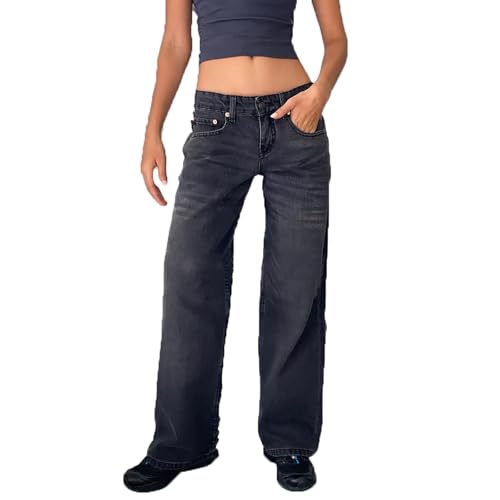 MASUCOR Baggy Jeans Damen Y2K High Waist Weites Bein Gerades Bein Stretch Casual Locker Denim Hosen Vintage Hip hop 90er Boyfriend Jeanshosen Freizeithose Streetwear(Black,M) von MASUCOR