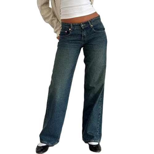 MASUCOR Baggy Jeans Damen Y2K High Waist Weites Bein Gerades Bein Stretch Casual Locker Denim Hosen Vintage Hip hop 90er Boyfriend Jeanshosen Freizeithose Streetwear(Dark Blue,M) von MASUCOR