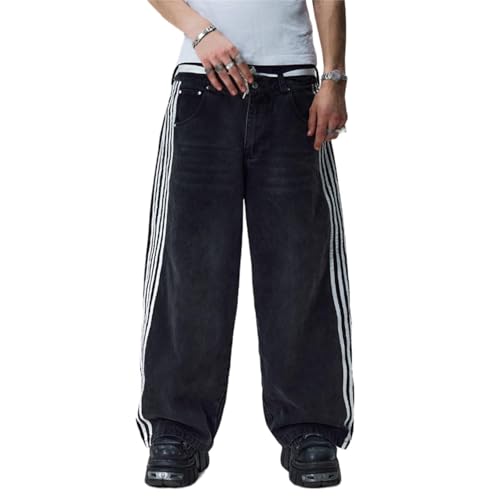 MASUCOR Baggy Jeans für Herren im Vintage-Stil Lockere Passform Jeanshose mit Streifen an der Seite Entspannte Skateboard-Jeans Damen-Jeans mit Niedriger Leibhöhe und Weitem Bein Übergroße Y2K Jeans(B von MASUCOR