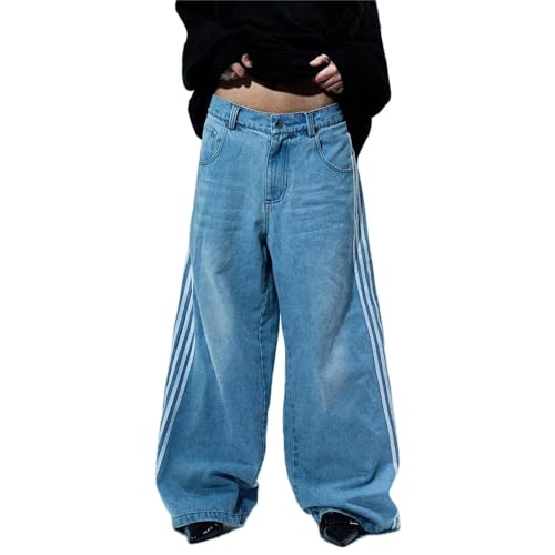 MASUCOR Baggy Jeans für Herren im Vintage-Stil Lockere Passform Jeanshose mit Streifen an der Seite Entspannte Skateboard-Jeans Damen-Jeans mit Niedriger Leibhöhe und Weitem Bein Übergroße Y2K Jeans(B von MASUCOR