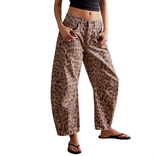 MASUCOR Barrel Jeans Damen Leopard Baggy Casual Boyfriend Mid Rise Wide Leg Denim Ankle Pants Vintage Loose Jeans(S) von MASUCOR