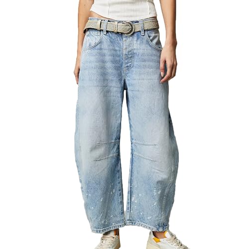 MASUCOR Barrel Jeans Damen Wide Leg Cropped Jeans Y2k Mid Rise Baggy Jeans Boyfriend Denim Hose Sommerhose Bequeme Damen Jeans mit Reißverschluss und Taschen Trendy Lässig(Light Blue,S) von MASUCOR