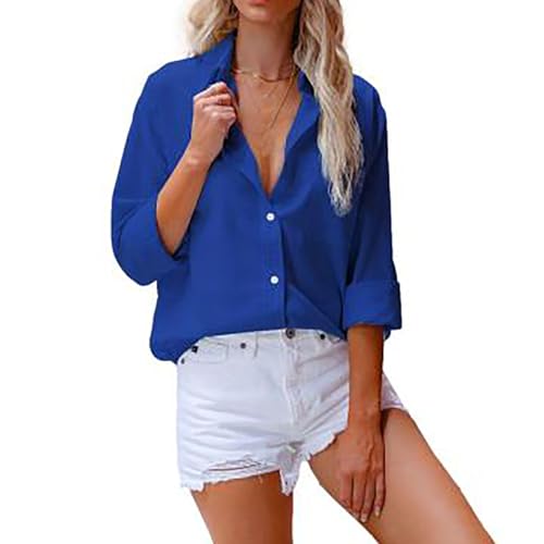 Bluse Damen Modisches Musselin Langarmshirt Umlegekragen Langen Ärmeln Oberteile Button Down Hemden Übergroße Hemdbluse Unregelmäßigem Saum Tunika Tops Plus Size Locker Blusentops(Blue,M) von MASUCOR
