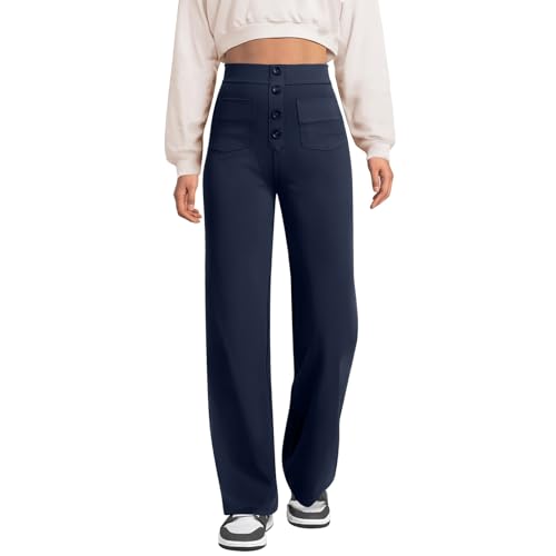Bootcut-Hose für Damen Bootcut Hohe Taille Weiche Stretch Arbeitshose Zum Überziehen Hose mit Gummizug in Der Taille und Taschen Lounge-Hose mit Knopfleiste und Weitem Bein(Dark Blue,M) von MASUCOR
