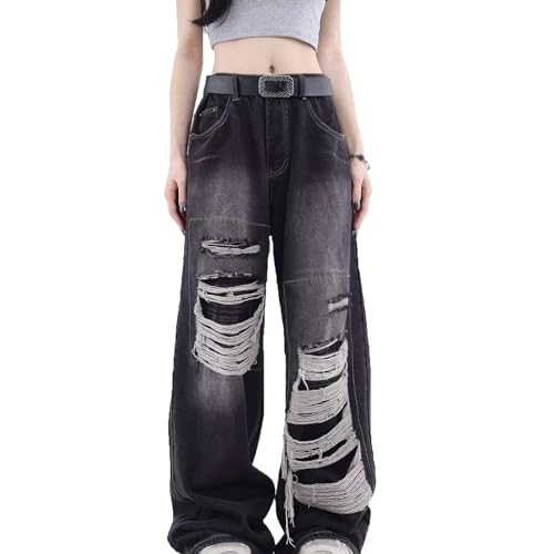 MASUCOR Bootcut Jeans Damen High Waist Damen Jeans Zerrissen Destroyed Jeans Damen Flared Schlaghose Wide Leg Jeans Damen Weite Hose Jeanshose Oversize Y2k Streetwear Schwarz Blau(Black,S) von MASUCOR