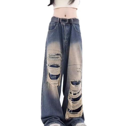 MASUCOR Bootcut Jeans Damen High Waist Damen Jeans Zerrissen Destroyed Jeans Damen Flared Schlaghose Wide Leg Jeans Damen Weite Hose Jeanshose Oversize Y2k Streetwear Schwarz Blau(Blue,L) von MASUCOR