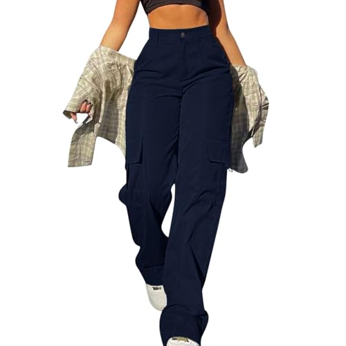 MASUCOR Cargohose Damen Baggy Y2k Cargo Parachute Pants Weite Teenager High Waist Streetwear Harajuku Goth Multi Taschen Weitem Bein Cargohose Einfarbig Freizeithose(Blue,S) von MASUCOR