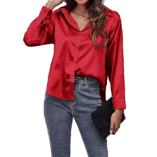 MASUCOR Damen Bluse V-Ausschnitt Langarm Klassischer Passform Knopfleiste uni Normal Geschnitten Übergröße Casual Lose Hemdbluse Tunika Slim Fit Elegant City Bluse Bügelfrei Stretch Oberteile(Red,M) von MASUCOR