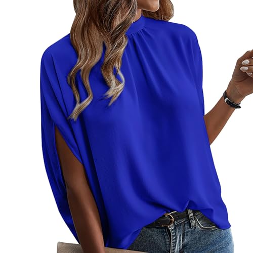 MASUCOR Damen Chiffon Lose Fledermaus Bluse mit Kurzen Flatter Ärmel Leichte Fließende Bluse Rundhalsausschnitt Doppellagige Poncho Tuniken Hinten Schnüren Verspotten Nacken Sommer(Blue,XL) von MASUCOR