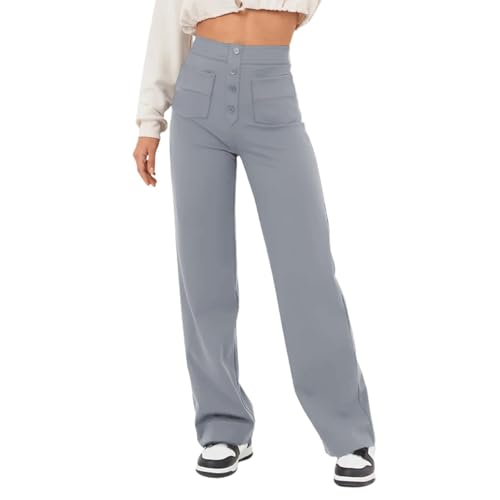 MASUCOR Damen Flexipants mit Hoher Taille Mehreren Taschen Gerades Bein Dehnbare Arbeitshose mit Knopfleiste Lässige Hose Elastischer Bund Stretch-Hose Zum Überziehen(Grey,XL) von MASUCOR