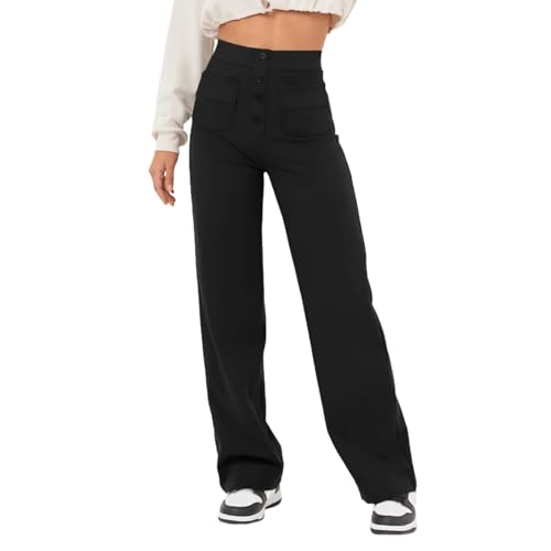 MASUCOR Damen Freizeithose mit Lockerer Passform Gerader Schnitt Hose mit Gummibund und Tasche Loungehose mit Weitem Bein Schlichte Damenhose fürs Büro Formell(Black,XXL) von MASUCOR
