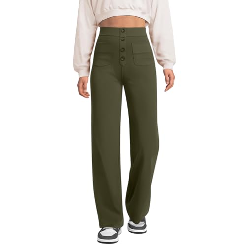 MASUCOR Damen Freizeithose mit Lockerer Passform Gerader Schnitt Hose mit Gummibund und Tasche Loungehose mit Weitem Bein Schlichte Damenhose fürs Büro Formell(Green,XL) von MASUCOR