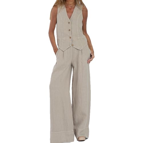 MASUCOR Damen Hosenanzug Elegant Business Anzug Set Revers Büro Blazer Hose 2-teilig Anzug Zweiteiler Slimfit Ärmellos Blazer V-ausschnitt Weste und Hose Festlich Streetwear(Beige,XXL) von MASUCOR