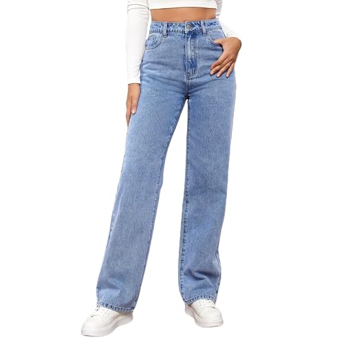 MASUCOR Damen Jeans Denim Hosen Locker Jeanshosen Lange Hose Freizeithose mit Taschen Jeans für Damen Hohe Taille Gerades Breites Bein Boyfriend-stil Denim-Hose Damen(Blue,L) von MASUCOR