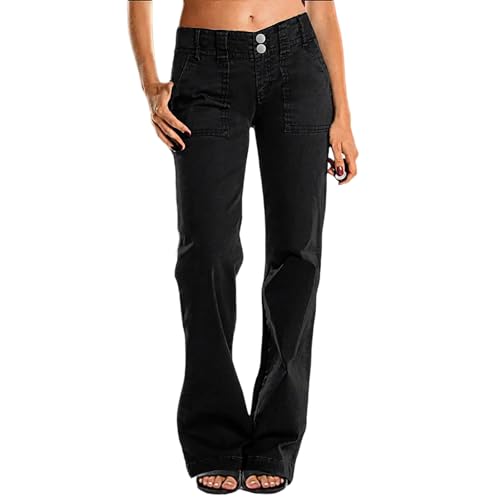 MASUCOR Damen Jeans Low Rise Hüftjeans Hose Röhrenjeans Slim Fit Gerade Bein Denim Hosen Vintage Lose Jeans Frauen Bootcut Jeans Schlaghose mit Knopfleiste(Black,S) von MASUCOR