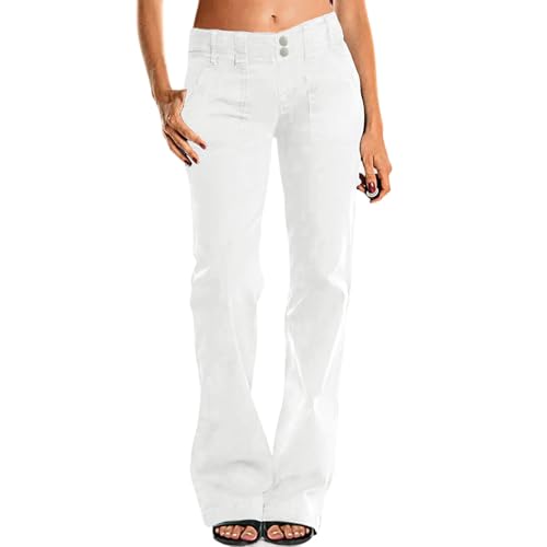 MASUCOR Damen Jeans Low Rise Hüftjeans Hose Röhrenjeans Slim Fit Gerade Bein Denim Hosen Vintage Lose Jeans Frauen Bootcut Jeans Schlaghose mit Knopfleiste(White,S) von MASUCOR