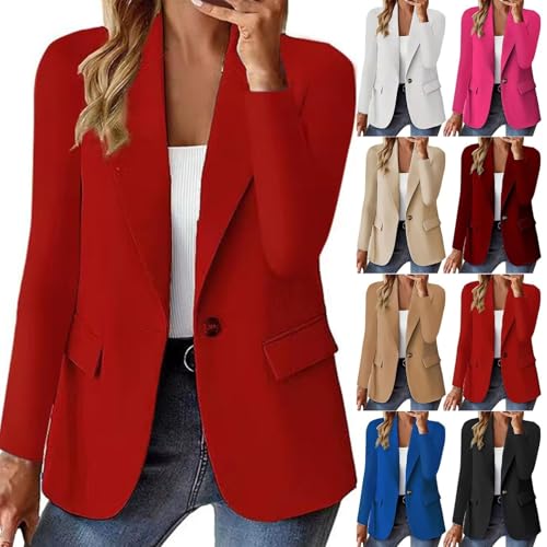 Damen Langarm Blazer Offene Vorderseite Jacke Arbeit Büro Blazer mit Taschen Reverskragen Damen Leichte Lässige Strickjacke Blazer Jacke Einfarbig(Red,M) von MASUCOR