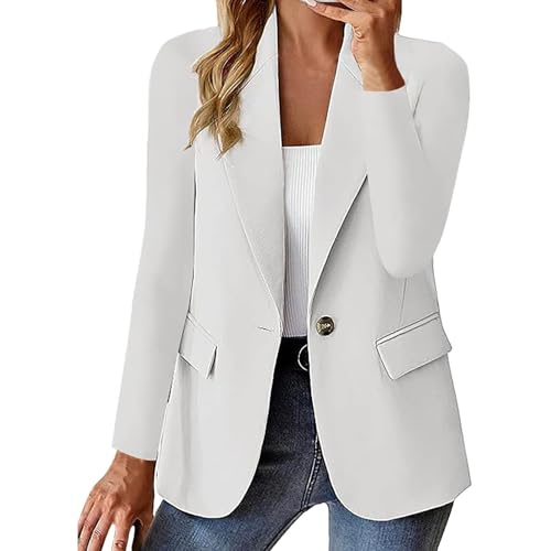 MASUCOR Damen Langarm Blazer Offene Vorderseite Jacke Arbeit Büro Blazer mit Taschen Reverskragen Damen Leichte Lässige Strickjacke Blazer Jacke Einfarbig(White,L) von MASUCOR