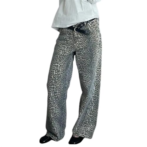 MASUCOR Damen Leopard Jeans Y2k Pants Leopard Print Pants Straight Leg Jeans Baggy Jeans Oversized Pants Wide Leg Jeans Leopard Print Baggy Jeans (Color : Khaki, Size : XXL) von MASUCOR