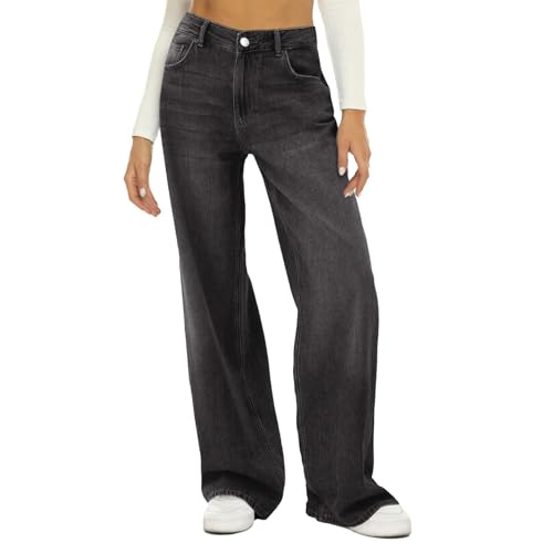 MASUCOR Damen Sweatpant Comfort Jeans Sweatpant Jeans für Damen Mid Rise Straight Wide Leg Jeans Baggy Jeans Damen Jeans Teen Jeans Y2k Jeans Streetwear(Black,L) von MASUCOR