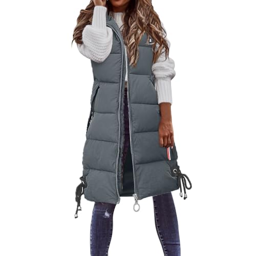 MASUCOR Damen Weste Lang mit Kapuze Herbst Winter Steppweste Warme Übergangsweste Reißverschlüsse Kapuzenweste Outdoor Winterjacke Vest Ärmellos Jacke Longweste(Grey,L) von MASUCOR