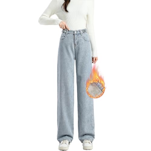 MASUCOR Damen Winter Fleece Gefüttert Jeans Loose Fit Warm Weites Bein High Waist Denim Jeans Verstellbare Taille Winterhose Damen Thermojeans Einfarbig Y2K Stil(Blue,M) von MASUCOR