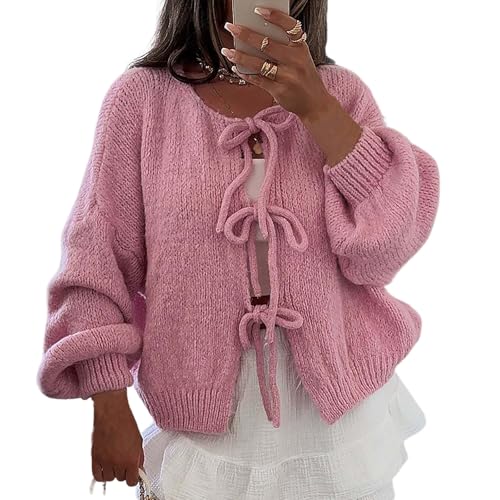 MASUCOR Damen Y2K Strickjacke mit Schnürung Vorne und Schleife Einfarbig V-Ausschnitt Grobstrick Lange Puffärmel Lockere Strickware Cardigan mit Schleifen(Pink,L) von MASUCOR