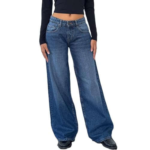 MASUCOR Damen Y2k Low Rise Baggy Jeans Vintage Boyfriend Loose Fit Straight Wide Leg Jeans Lässige Lange Jeanshose Hellblau Ganzjahreshose Teenager Lässig(Blue1,S) von MASUCOR