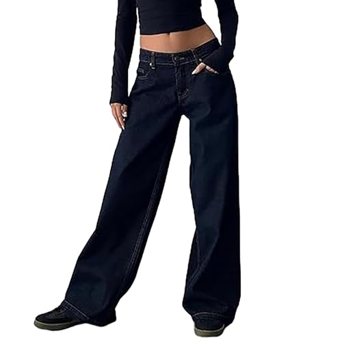 MASUCOR Damen Y2k Low Rise Baggy Jeans Vintage Boyfriend Loose Fit Straight Wide Leg Jeans Lässige Lange Jeanshose Hellblau Ganzjahreshose Teenager Lässig(Dark Blue,L) von MASUCOR