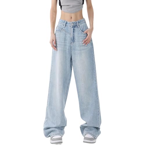 MASUCOR Denim Hosen Baggy Jeans Damen Loose Gerade Jeanshosen Y2K Style Vintage High Waist Straight Jeans Breites Bein Lang Jeans Teenager Streetwear Vintage Blau(Blue4,M) von MASUCOR