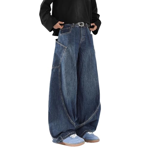 MASUCOR Herren Baggy Jeans Y2k Goth Weites Bein mit Mehreren Taschen Damenmode 90er Hiphop Cargohose Y2k Harajuku Streetwear Entspannte Jeans Herren Vintage Blau(M) von MASUCOR