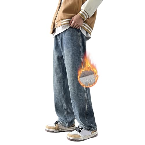 MASUCOR Herren Thermo Fleece Gefütterte Jeans Winter Loose Fit Dicke Stretch Warm Denim Hose Gerades Bein Elastischer Bund Slip-on-Jeans mit Taschen Freizeithose(Blue,XL) von MASUCOR