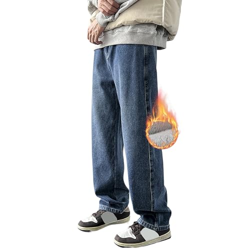 MASUCOR Herren Thermo Fleece Gefütterte Jeans Winter Loose Fit Dicke Stretch Warm Denim Hose Gerades Bein Elastischer Bund Slip-on-Jeans mit Taschen Freizeithose(Dark Blue,XL) von MASUCOR