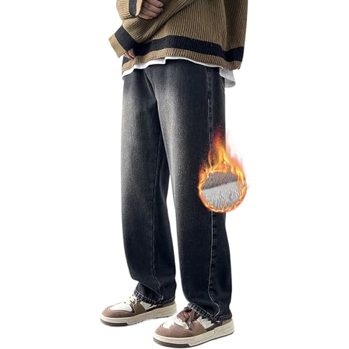 MASUCOR Herren Thermo Fleece Gefütterte Jeans Winter Loose Fit Dicke Stretch Warm Denim Hose Gerades Bein Elastischer Bund Slip-on-Jeans mit Taschen Freizeithose(Grey,S) von MASUCOR