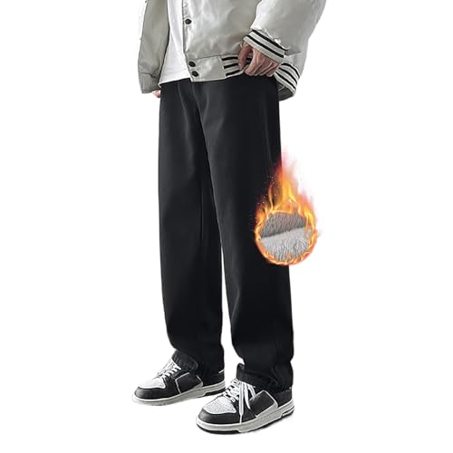 MASUCOR Herren Thermojeans Straight Jeanshose Stretch Schlupfhose Schlupfjeans Stylische Hose Gummibund Cargo-Jeans für Männer mit Taschen Winterjeans mit Gefüttert(Black,XXL) von MASUCOR