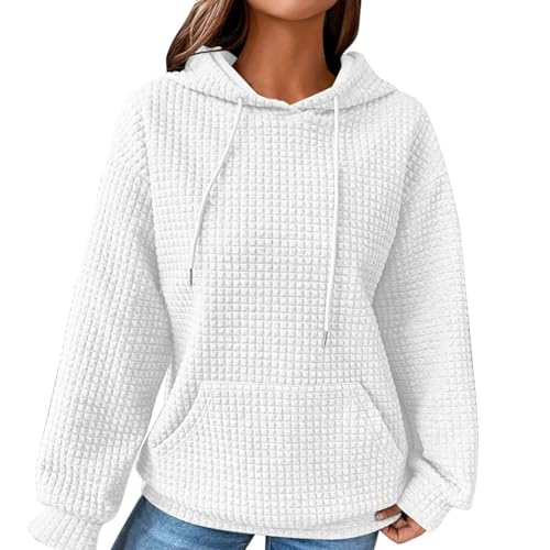 MASUCOR Kapuzenpullover Damen Hoodie Pullover Sweatshirt Langarm Tops Waffel Casual Oberteile Herbst Winter Sweatshirt Oberteil Pulli Soft Loungewear Kapuzen-sweatshirt(White,XL) von MASUCOR